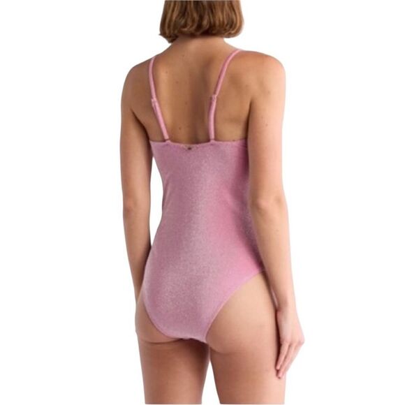 Betsey Johnson Barbie Pink Metallic Glitter Sweetheart Bow Keyhole Swimsuit - Picture 2 of 12